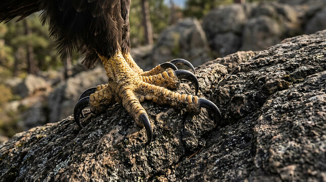 Close-up view of a powerful eagle's talons firmly gripping a textured rocky surface in its natural habitat