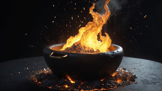 Glowing molten gold block burning with hot flames over charcoal