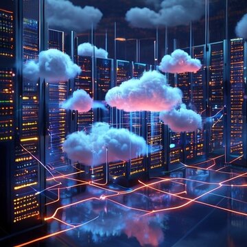 Cloud computing concept with servers and glowing connections, photorealistic