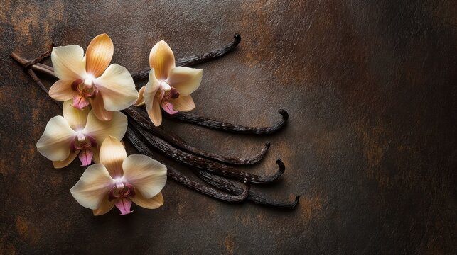 Close-up of vanilla beans and orchids on a dark brown textured surface.