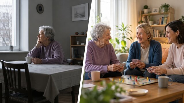 Quiet senior by window and shared card afternoon