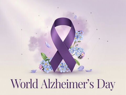 Purple alzheimer ribbon with flowers for world alzheimer's day