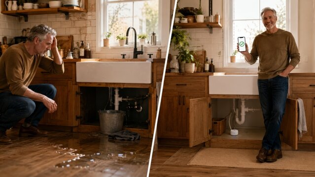 Flooded kitchen cabinet and leak detector system