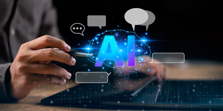 Software developer interacts with conversational artificial intelligence through an advanced AI chatbot, enabling generative automation, natural language processing, smart communication, productivity