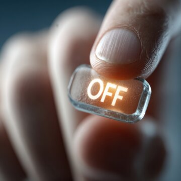 Close-up of a finger pressing a glowing transparent off button symbolizing power shutdown or digital disconnection concept in technology settings