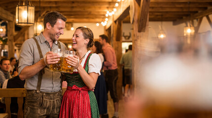 Obraz premium Couple in dirndl and lederhosen clinking beer mugs at Oktoberfest