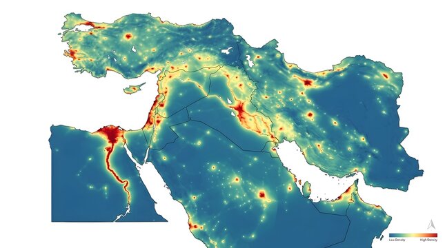 Middle East Population Density Heat Map with Country Borders