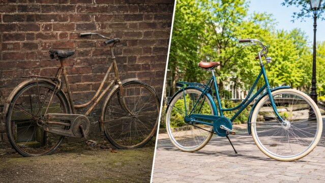 Rusty city bicycle and polished restoration ready for riding