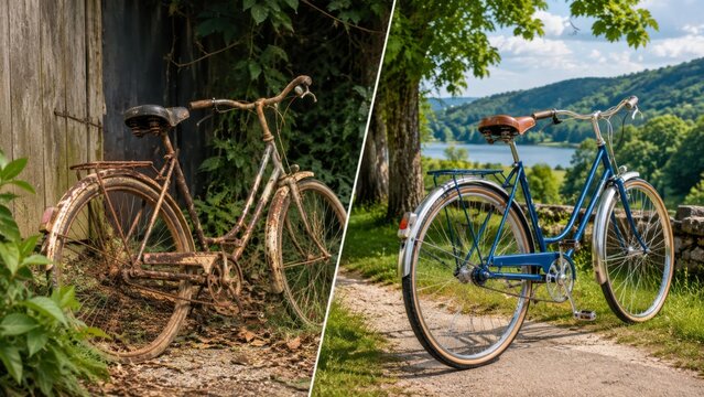 Abandoned rural bicycle renewed for scenic countryside travel