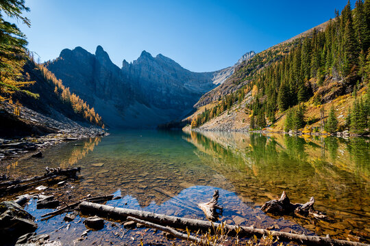 Lake Agnes in fall season. Banff National Park Landscape Photography. Canadian Rockies Autumn Scenery. Alberta, Canada.