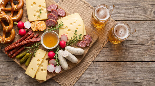 Overhead flat lay of traditional Bavarian food platter with cheese and pretzels