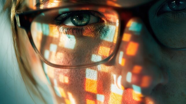 Person wearing glasses with green eyes illuminated by colorful pixelated light reflections creating a mosaic pattern on the face and lens in a dim environment