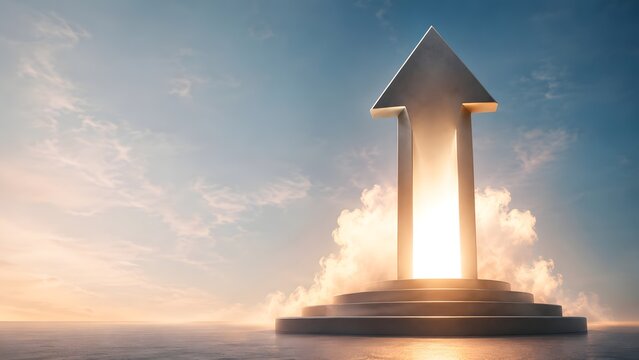 Upward pointing arrow monument on pedestal with glowing light and clouds representing business growth and success