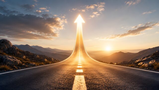 Highway road turning into upward pointing glowing arrow towards sunset sky representing journey to success and business growth