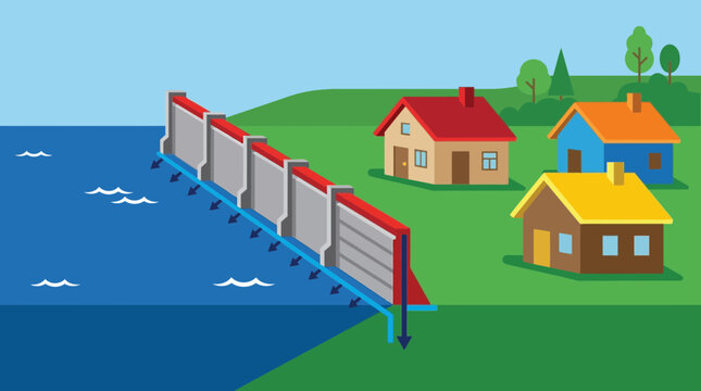 Flood Barrier Protecting Residential Homes From Rising Water Levels
