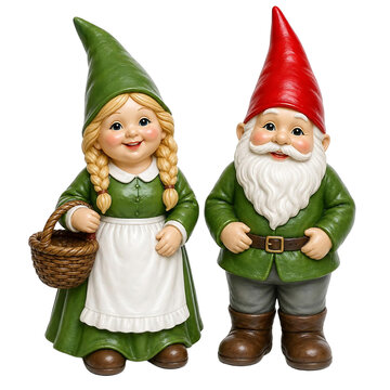Two garden gnomes a girl with a basket and a bearded man isolated on transparent background