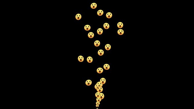 Animated stream of social media wow reactions against green screen background, Animated social media reaction emojis and hearts, care, like, haha, floating upwards on a black background