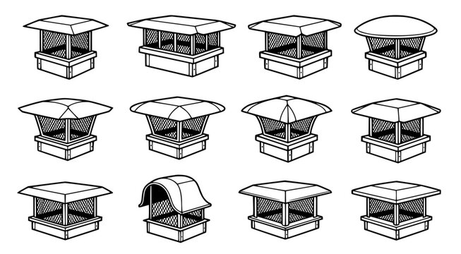 Set of chimney caps and roof ventilation covers vector illustration for home roofing and ventilation systems featuring diverse protective designs isolated on a clean white background