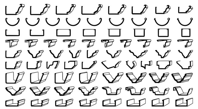 Detailed architectural gutter and flashing profile icons set showing diverse metal channel shapes for roof drainage and building water runoff management systems
