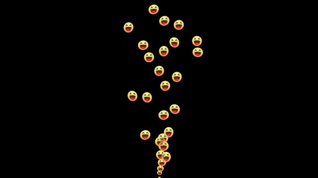 Social media live stream hahaha reaction overlay. 4k floating laughing face emojis on black background. stream of joyful emoticons for video editing, Animated motion videos
