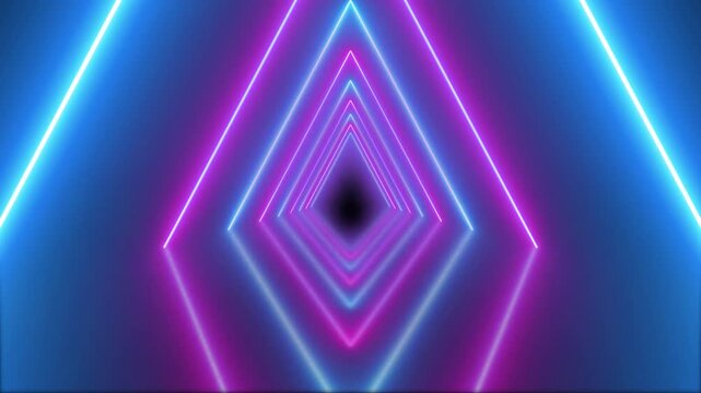 Abstract background flight through tunnel loop. Digital tringle tunnel loop idea. 3d rendering seamless loop motion of tunnel with pink and blue neon light.