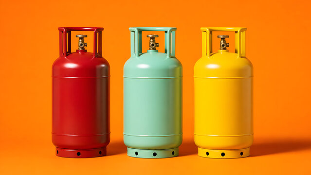 Three colorful propane gas cylinders in red light green and yellow standing on solid bright orange surface for industrial supply inventory.