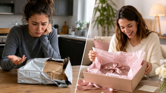 Damaged parcel and joyful gift box opening at home