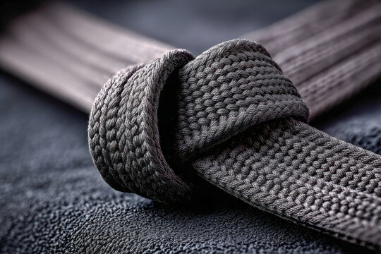 Black woven martial arts belt tied in a firm knot resting on textured dark fabric symbolizing discipline and achievement in combat sports training