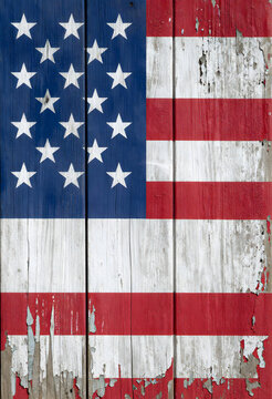 Rustic American flag painted on distressed wooden planks