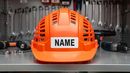 Fototapeta premium Orange construction helmet with name tag on a tool rack