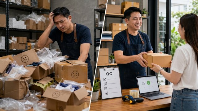 Messy order returns and quality control in a busy packing room