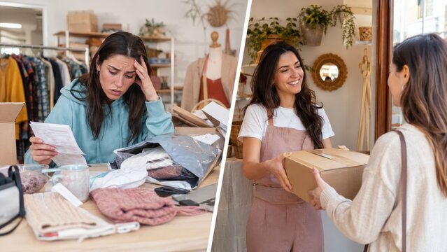 Boutique order problems and satisfied pickup customer at the doorway