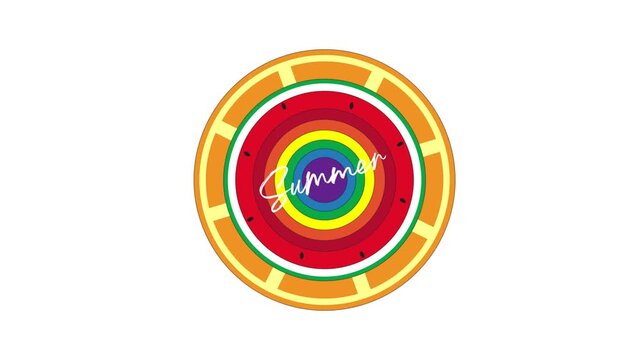 Colorful summer animation. Summer text with rainbow, watermelon and orange in a circle.