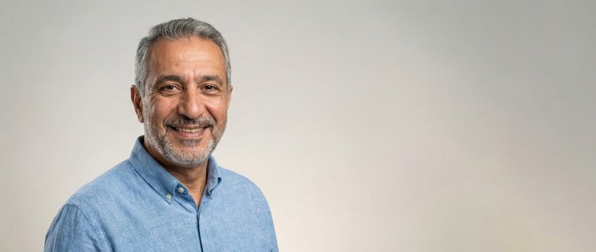 Smiling mature man with gray hair and beard wearing a blue button-down shirt, studio portrait with copy space for healthy aging, confidence, retirement and lifestyle advertising