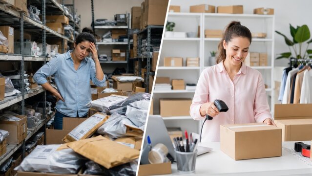 Crowded stockroom and tidy shipping desk in an online shop