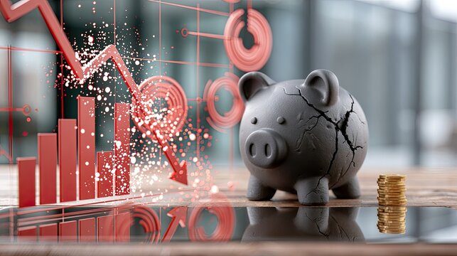Cracked piggy bank with falling red graph, symbolizing financial collapse