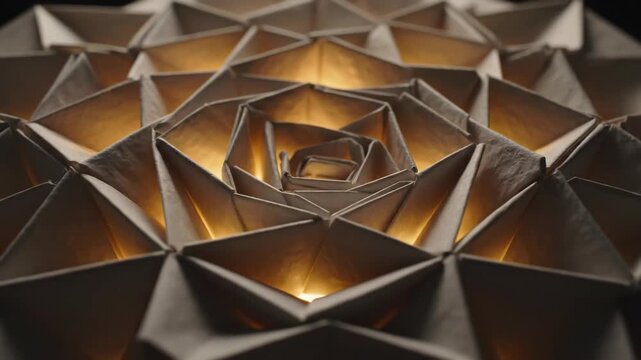 Backlit Intricate Origami Paper Tessellation Pattern with Complex Geometric Folds