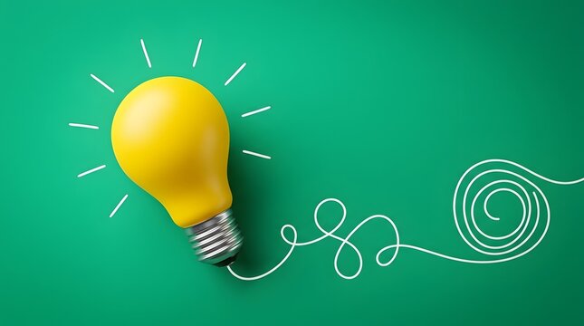 Glowing yellow lightbulb connected to a tangled messy white line on a green background representing problem solving and complex creative processes