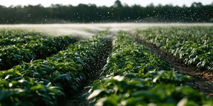 Row of green plants in a field being watered by a sprinkler system