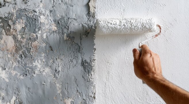 Hand applying fresh white paint to a crumbling, textured wall