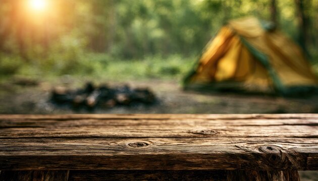 A rustic wooden table in the foreground with a blurred camping scene in the background