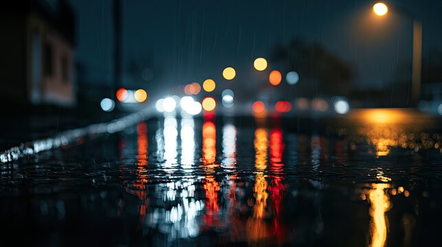 Wet street at night, reflecting colorful blurred lights of cars and lamps