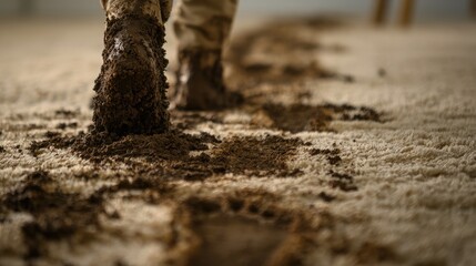 Fototapeta premium Muddy boots leaving messy tracks across a fluffy carpet