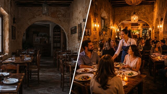 Rustic restaurant and warm evening seating in stone interior