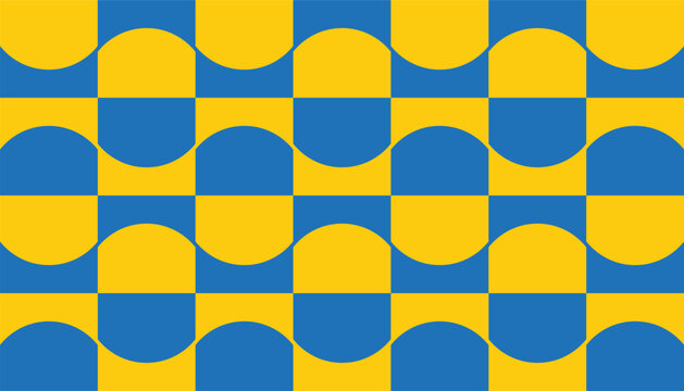 Seamless geometric pattern with abstract blue and yellow semicircle shapes, retro modern vector background for textile and wallpaper design.