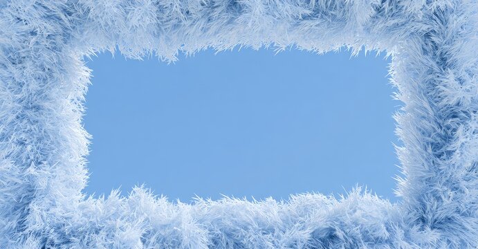 A rectangular frame of delicate ice crystals against a clear blue sky