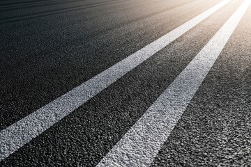 Fototapeta premium Black asphalt road with two white painted lines, sunlight glinting