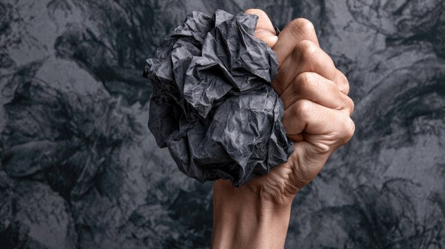 A clenched fist tightly grips a crumpled dark ball against a textured background