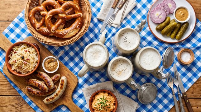 Flat lay of Bavarian Oktoberfest feast with sausages, sauerkraut, pretzels and beer steins