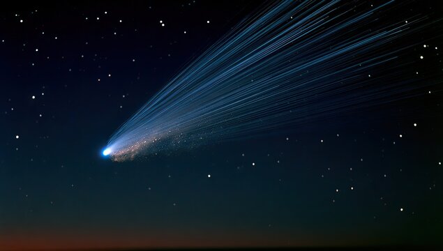 A bright celestial object with a luminous tail streaks across a star-filled night sky